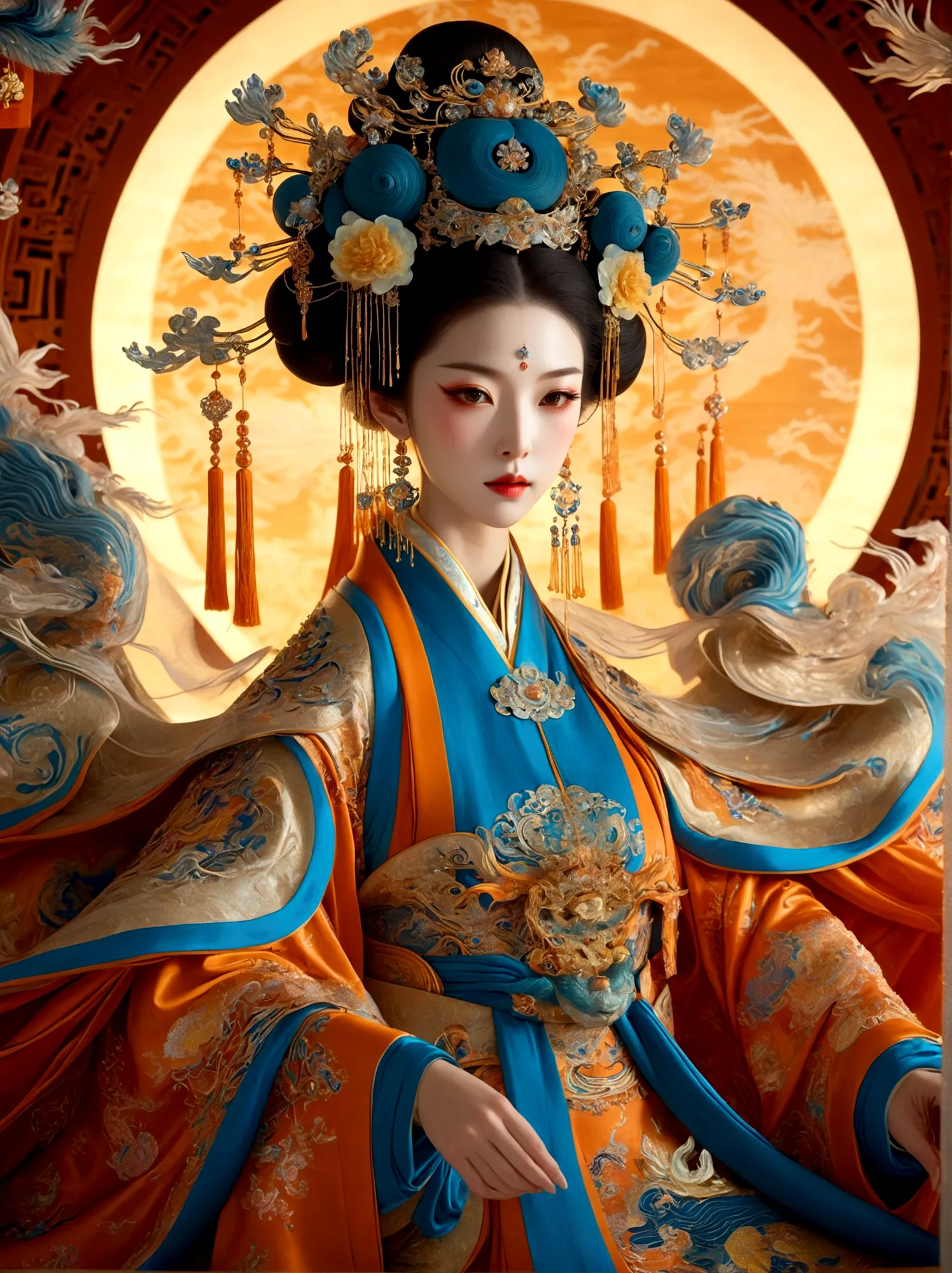 (Chinese Tang Dynasty Empress:1.3)，A royal figure in a lavish robe, adorned with a large crown, is seated on a throne, The setti...