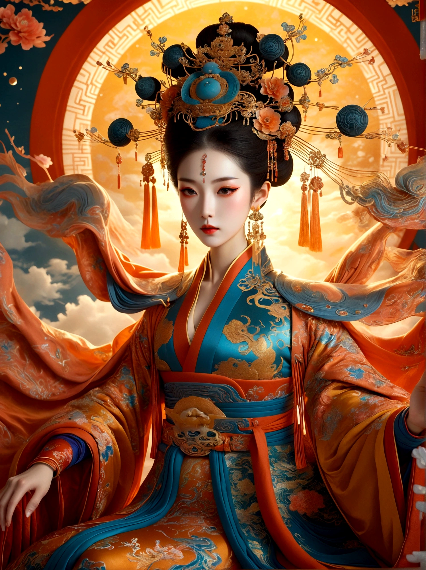 (Chinese Tang Dynasty Empress:1.3)，A royal figure in a lavish robe, adorned with a large crown, is seated on a throne, The setting is otherworldly and surreal, located in the vast expanse of space, The figure is perched on a miniature planet that's enveloped entirely by the rich fabric of the robe, reflecting an element of royal extravagance