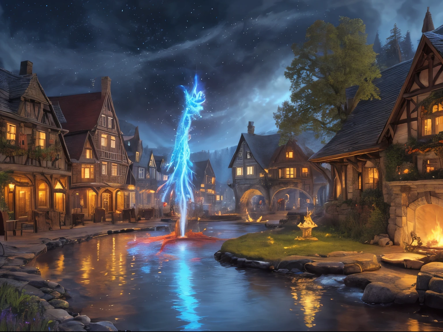 Fantasy art, RPG art, born, Magnificent magical painting (squirt: 1.3) In the elven town square, The squirt basin has magical runes inscribed on it., Many water streams intertwined (Shining fire: 1.2), gl0w1ngR , fire, Red Flame, merge with the water, It&#39;s night, The moon rises, Realistic, 16K, born, Awards, (Most detailed: 1.5), masterpiece, Highest quality, (Super detailed), whole body, Ultra Wide Shot,