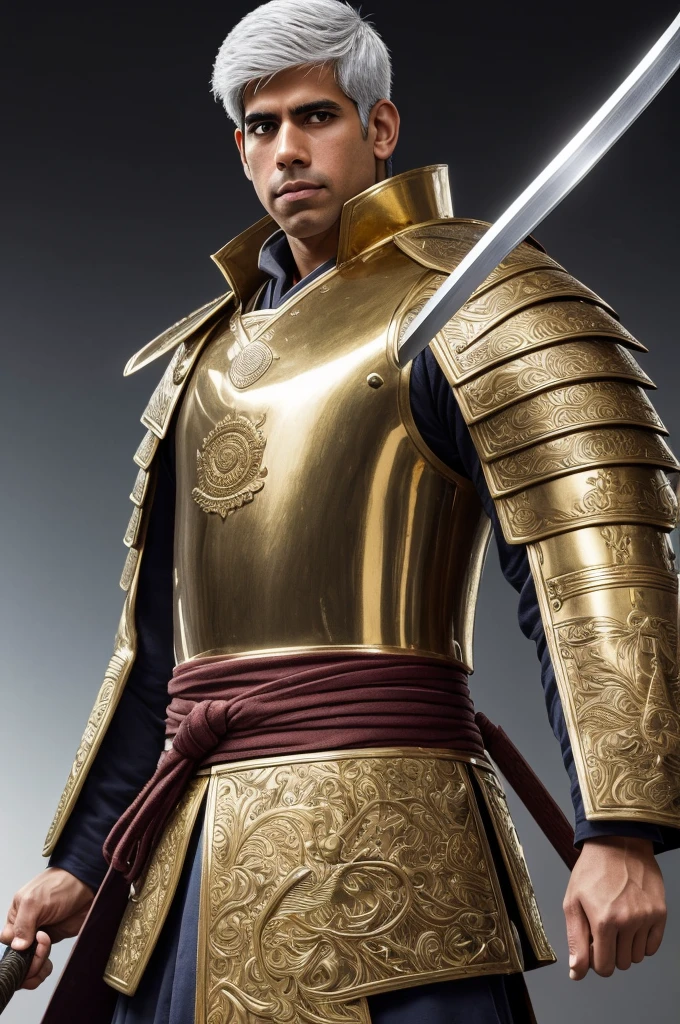 Highest quality，High resolution， ((Rishi Sunak)) ，United Kingdom of Great Britain and Northern Ireland，Fist of the North Star，samurai，One person，warrior，armor，（gold_coat），male，One personで，Middle Age，（face_Wrinkles），Swordsman，strongest，Anime Style，(Limbs)，(Full Finger)，(Accurate fingertips), (The finer details), (Super detailed)，(Japanese sword:)，4K，(high resolution)，whole body, (Front angle), Looking at the camera,masterpiece，(Subtle details)，(Intricate details)，Octane Rendering，(Hyper Detail)，