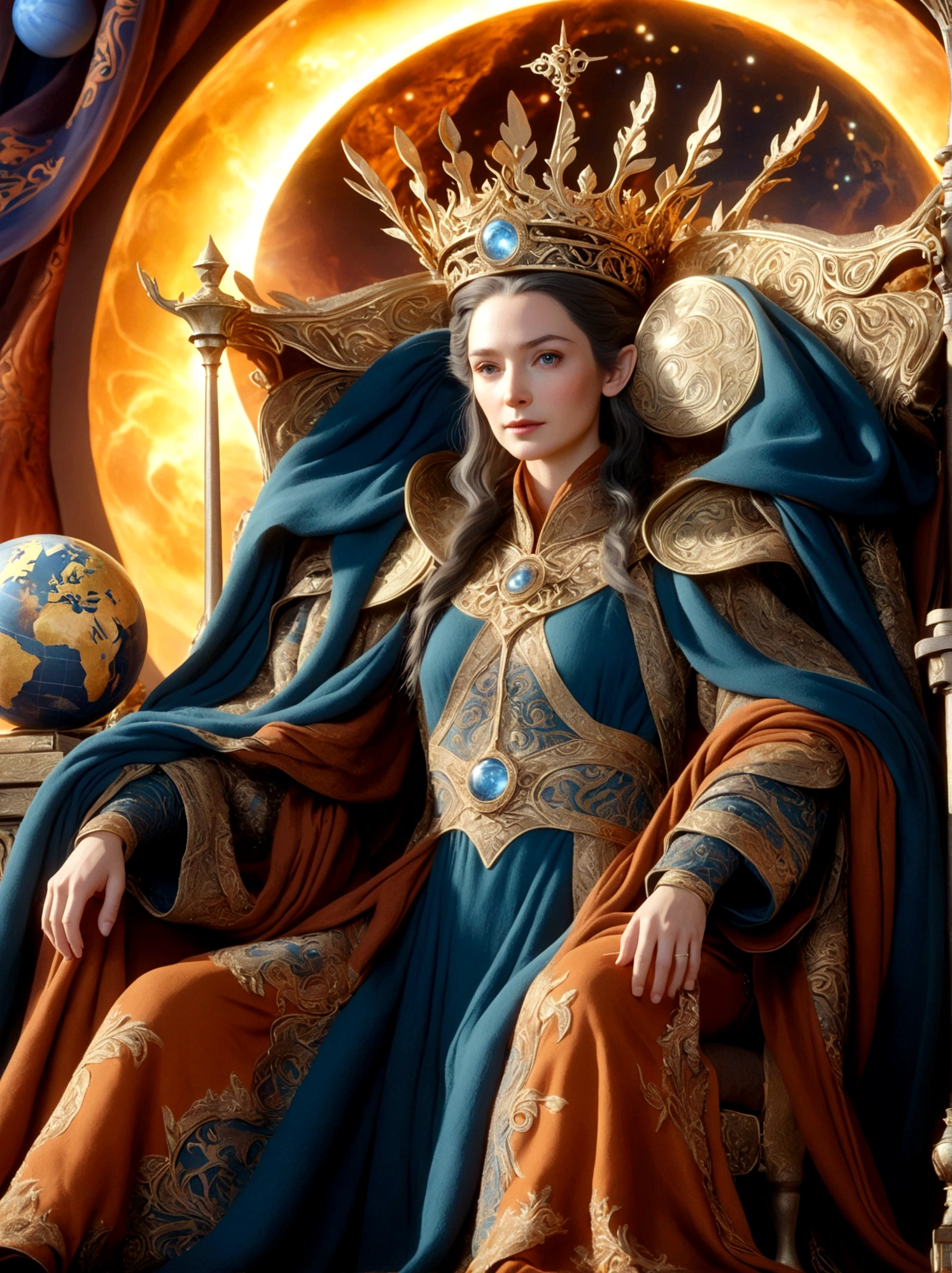 (The Queen of Middle-earth:1.3)，A royal figure in a lavish robe, adorned with a large crown, is seated on a throne, The setting is otherworldly and surreal, located in the vast expanse of space, The figure is perched on a miniature planet that's enveloped entirely by the rich fabric of the robe, reflecting an element of royal extravagance