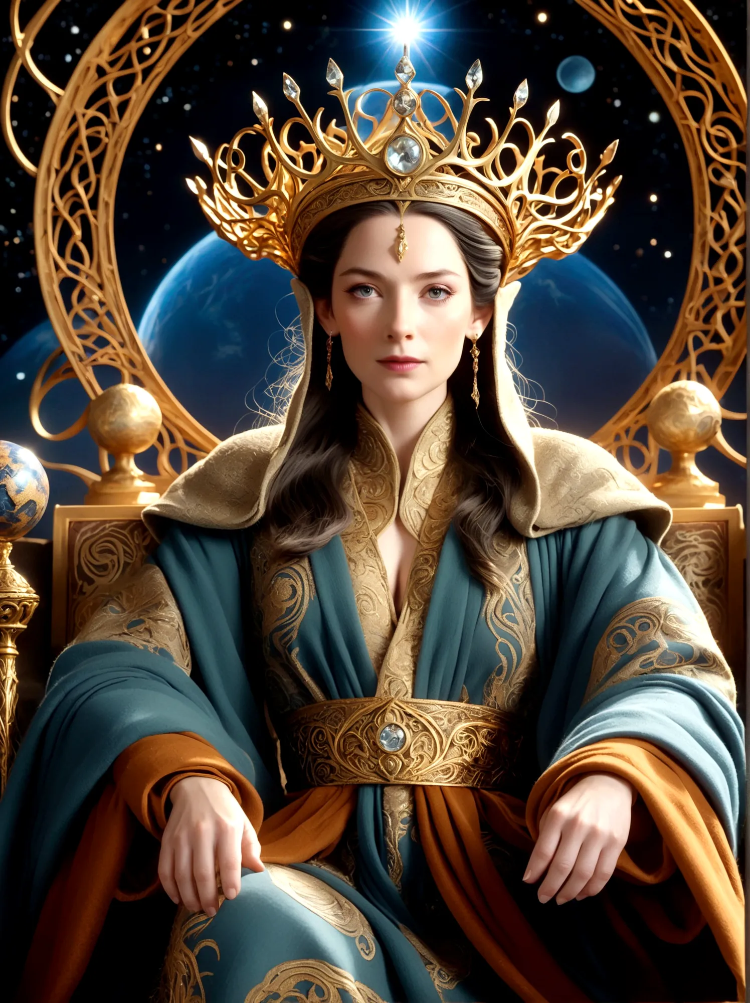 (The Queen of Middle-earth:1.3)，A royal figure in a lavish robe, adorned with a large crown, is seated on a throne, The setting ...