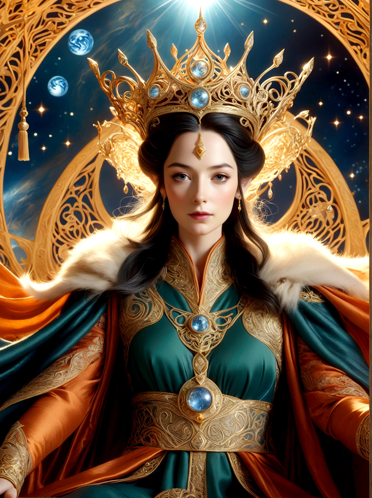 (The Queen of Middle-earth:1.3)，A royal figure in a lavish robe, adorned with a large crown, is seated on a throne, The setting is otherworldly and surreal, located in the vast expanse of space, The figure is perched on a miniature planet that's enveloped entirely by the rich fabric of the robe, reflecting an element of royal extravagance