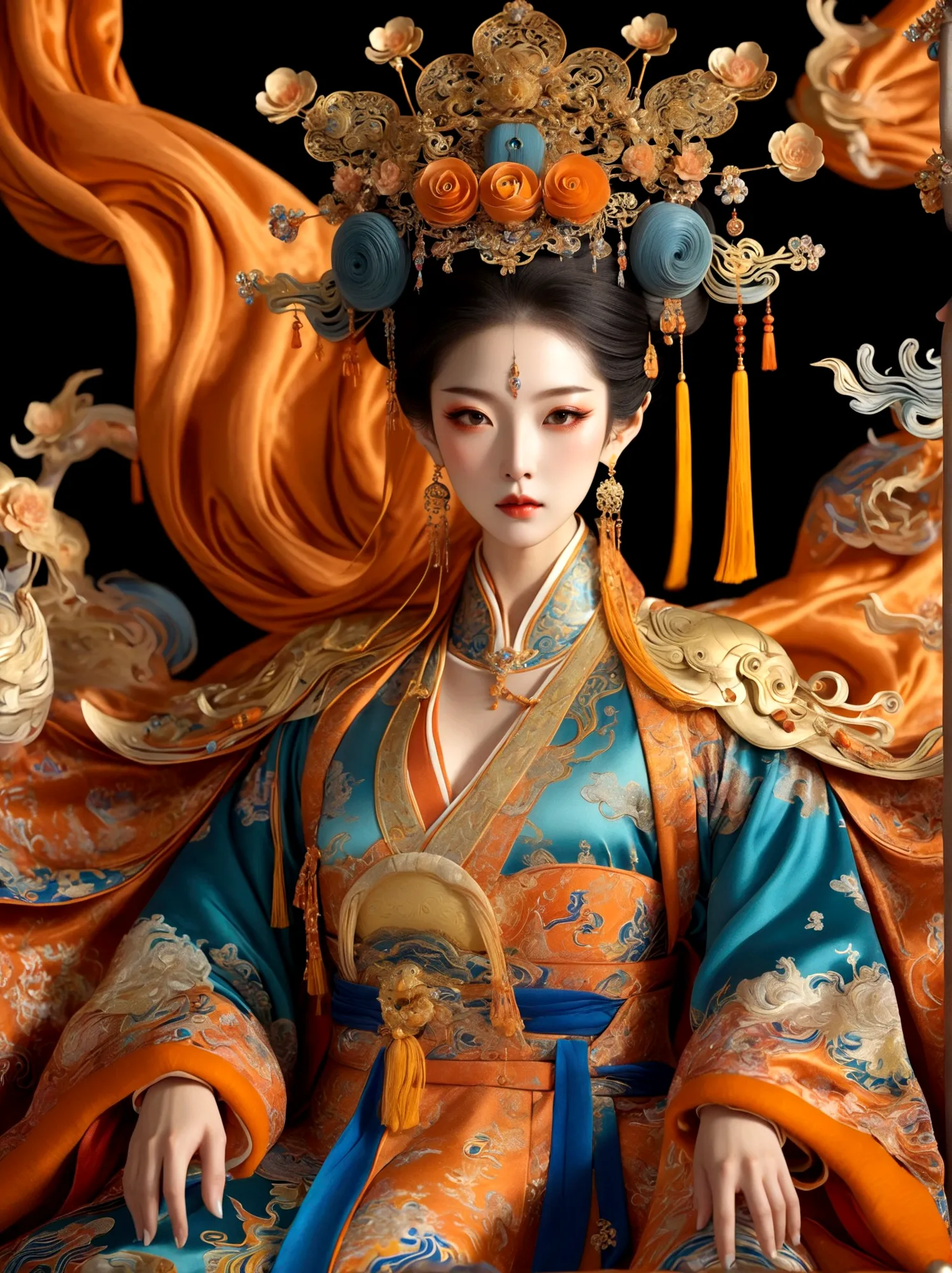 (Chinese Tang Dynasty Empress:1.3)，A royal figure in a lavish robe, adorned with a large crown, is seated on a throne, The setti...