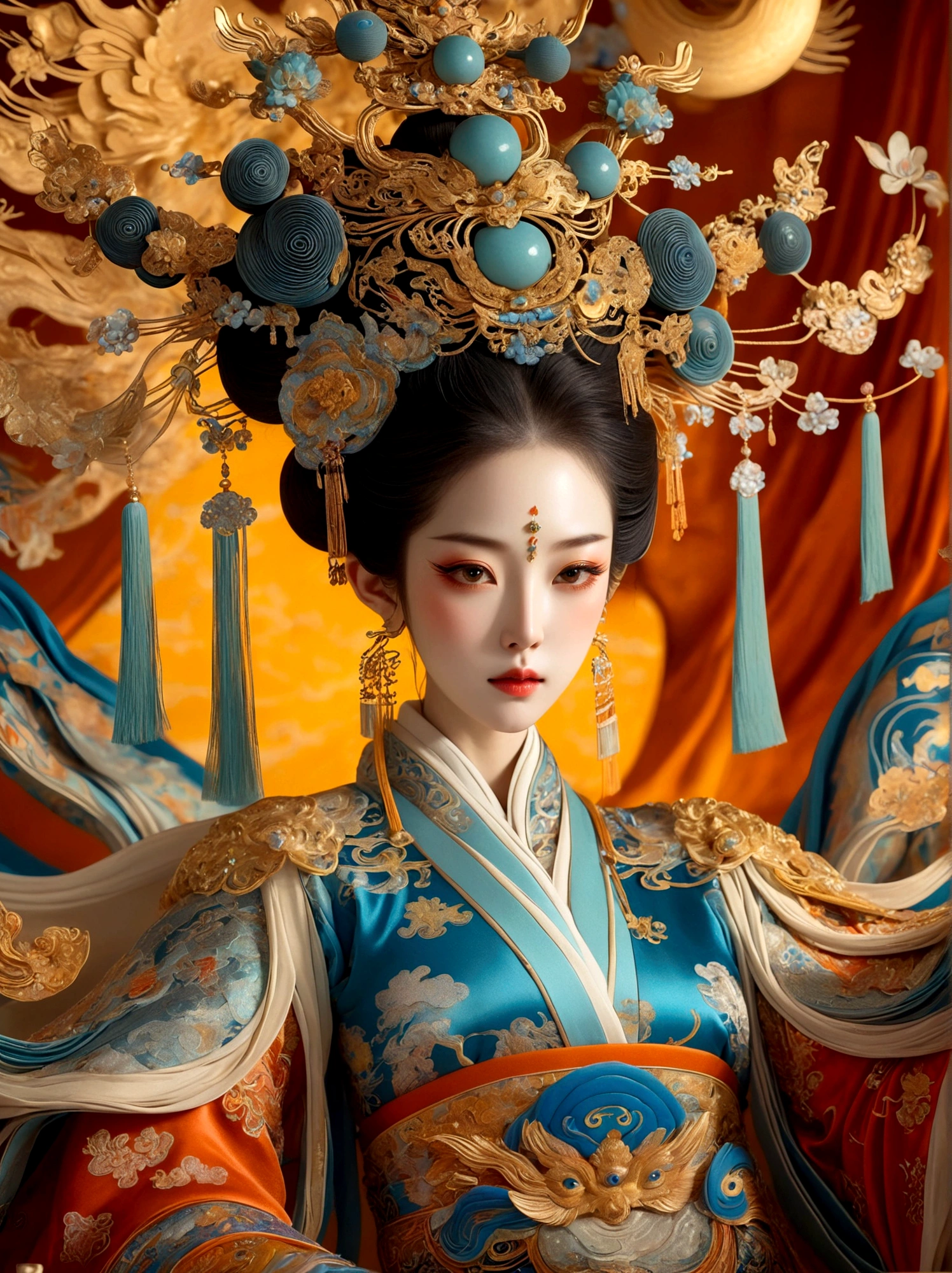 (Chinese Tang Dynasty Empress:1.3)，A royal figure in a lavish robe, adorned with a large crown, is seated on a throne, The setting is otherworldly and surreal, located in the vast expanse of space, The figure is perched on a miniature planet that's enveloped entirely by the rich fabric of the robe, reflecting an element of royal extravagance