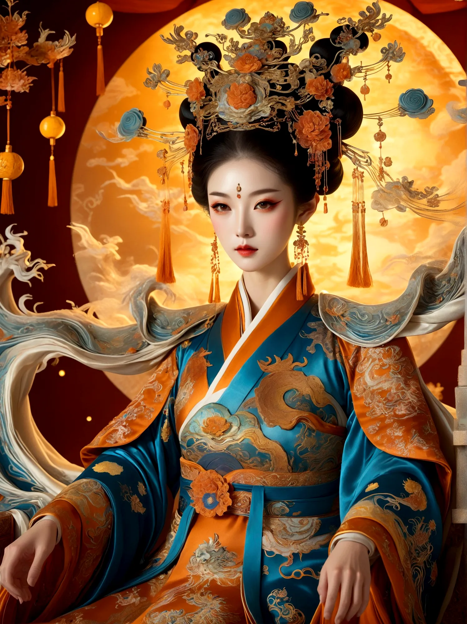 (chinese tang dynasty empress:1.3)，a royal figure in a lavish robe, adorned with a large crown, is seated on a throne, the setti...