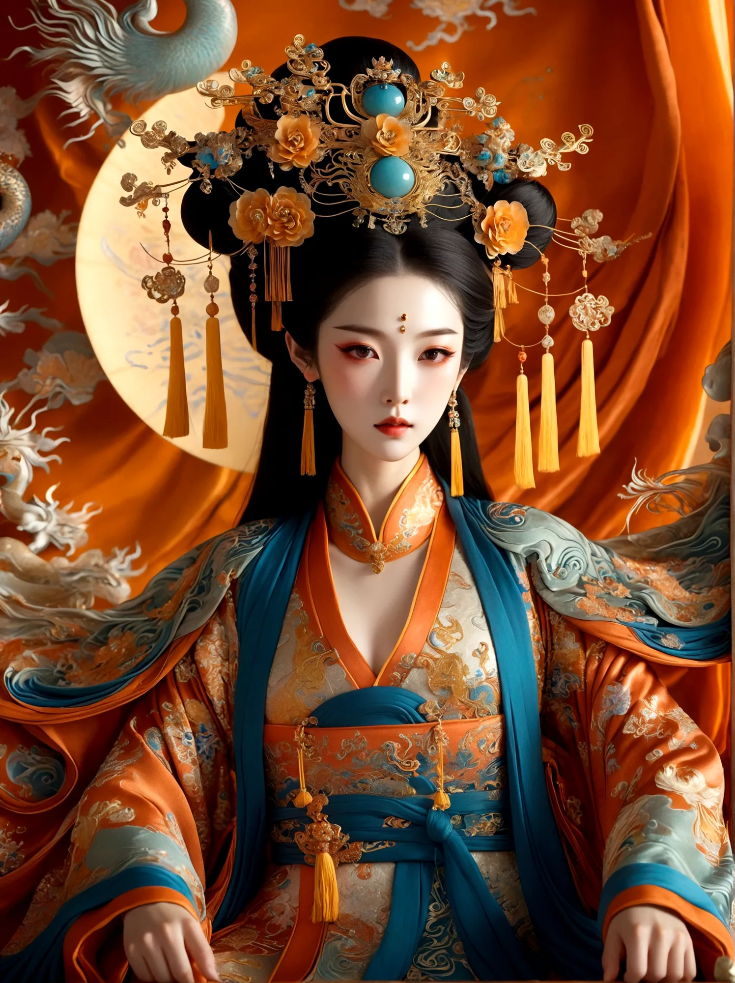 (Chinese Tang Dynasty Empress:1.3)，A royal figure in a lavish robe, adorned with a large crown, is seated on a throne, The setti...