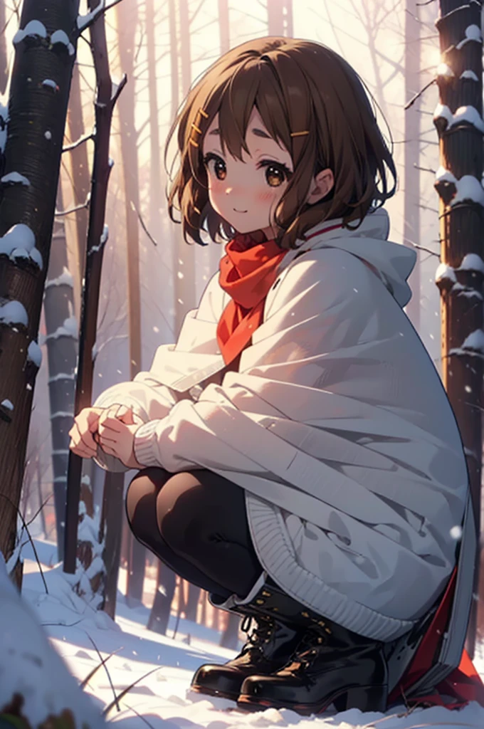 yuihirasawa, Yui Hirasawa, short hair, Brown Hair, hair ornaments, (Brown eyes:1.5), Hair Clip、smile,smile,blush,White Breath,
Open your mouth,snow,Ground bonfire,, Outdoor, boots, snowing, From the side, wood, suitcase, Cape, Blurred, , forest, White handbag, nature,  Squat, Mouth closed, Cape, winter, Written boundary depth, Black shoes, red Cape break looking at viewer, Upper Body, whole body, break Outdoor, forest, nature, break (masterpiece:1.2), Highest quality, High resolution, unity 8k wallpaper, (shape:0.8), (Beautiful and beautiful eyes:1.6), Highly detailed face, Perfect lighting, Highly detailed CG, (Perfect hands, Perfect Anatomy),