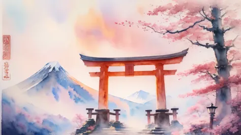 (masterpiece:1.2, Highest quality),(Very detailed),(((watercolor))),8K,wallpaper,Japanese Landscape,Fuji Mountain,Torii in the S...
