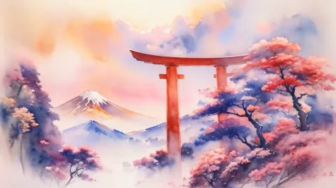 (masterpiece:1.2, Highest quality),(Very detailed),(((watercolor))),8K,wallpaper,Japanese Landscape,Fuji Mountain,Torii in the S...