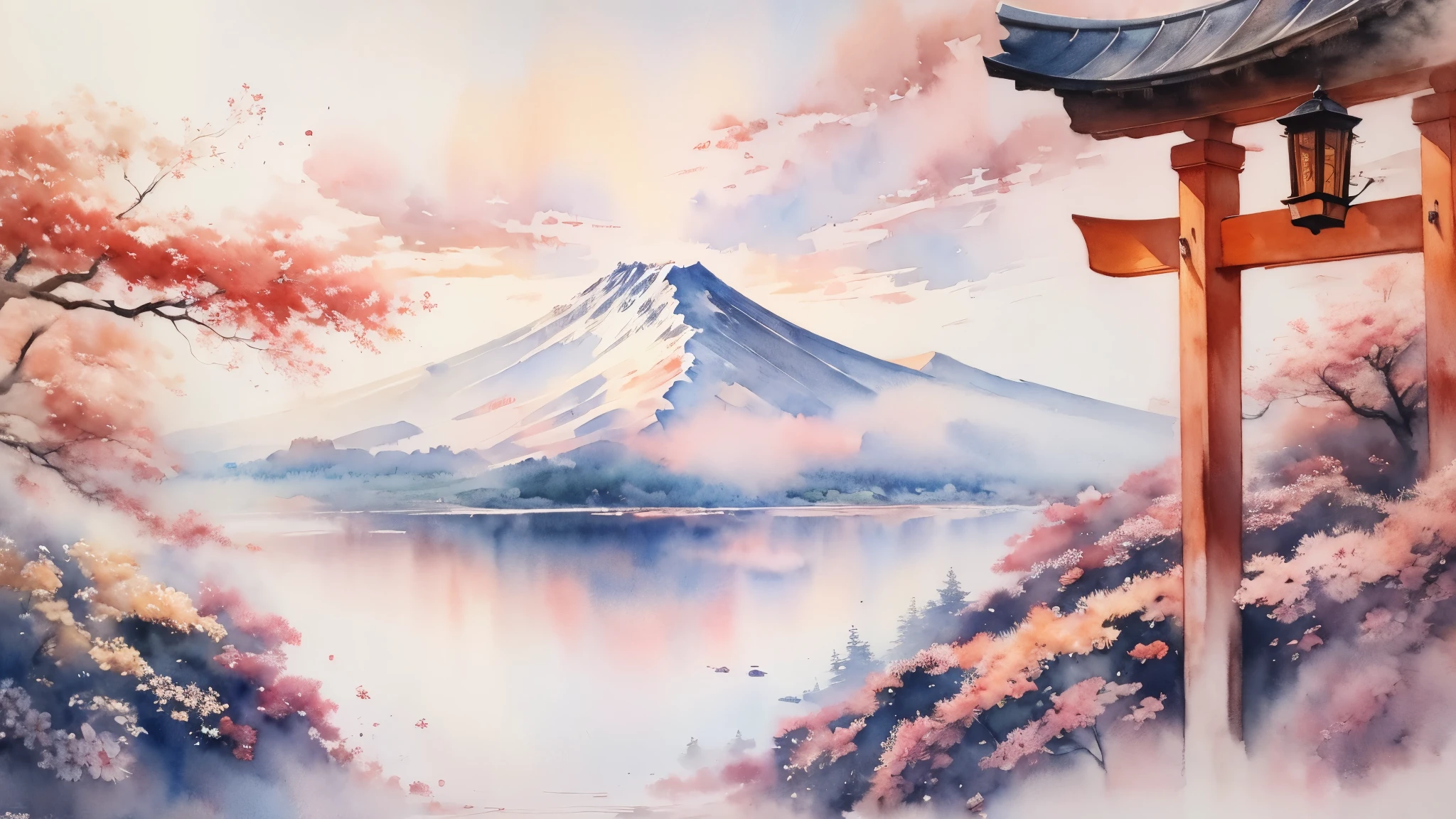 (masterpiece:1.2, Highest quality),(Very detailed),(((watercolor))),8K,wallpaper,Japanese Landscape,Fuji Mountain,Torii in the Sky