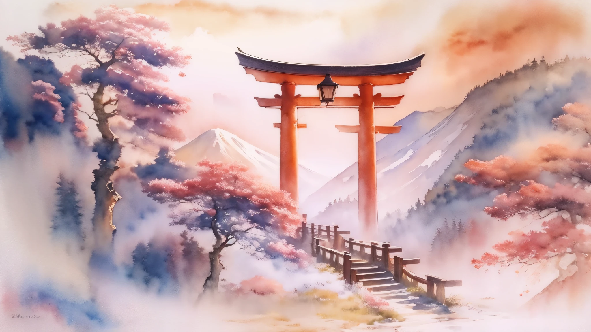 (masterpiece:1.2, Highest quality),(Very detailed),(((watercolor))),8K,wallpaper,Japanese Landscape,Fuji Mountain,Torii in the Sky
