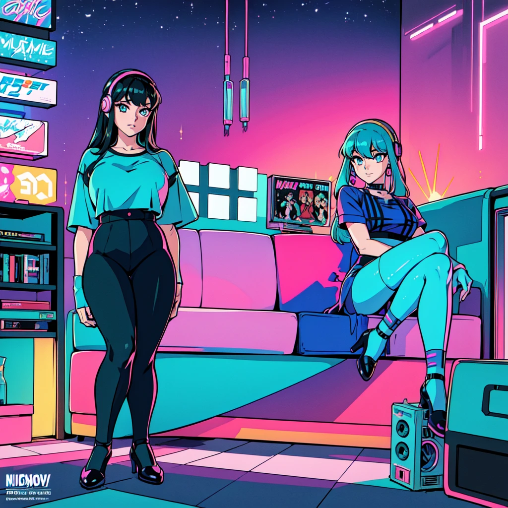 (masterpiece), Highest quality, Expressive eyes, Neon pastel aesthetics, Retro 90s, Neon color,((Girl sitting on sofa,In a cozy room,Records hanging on her wall, Comic books on the floor, Looking out the window behind her at the night city, Upholstered room, Anime figures lined up on a shelf)), Wearing headphones, (All around her it sparkles), (Wearing high socks and heels), (blue eyes), (Soft look), (Synthwave Art Style), Colorful Hair, Desk with PC set up