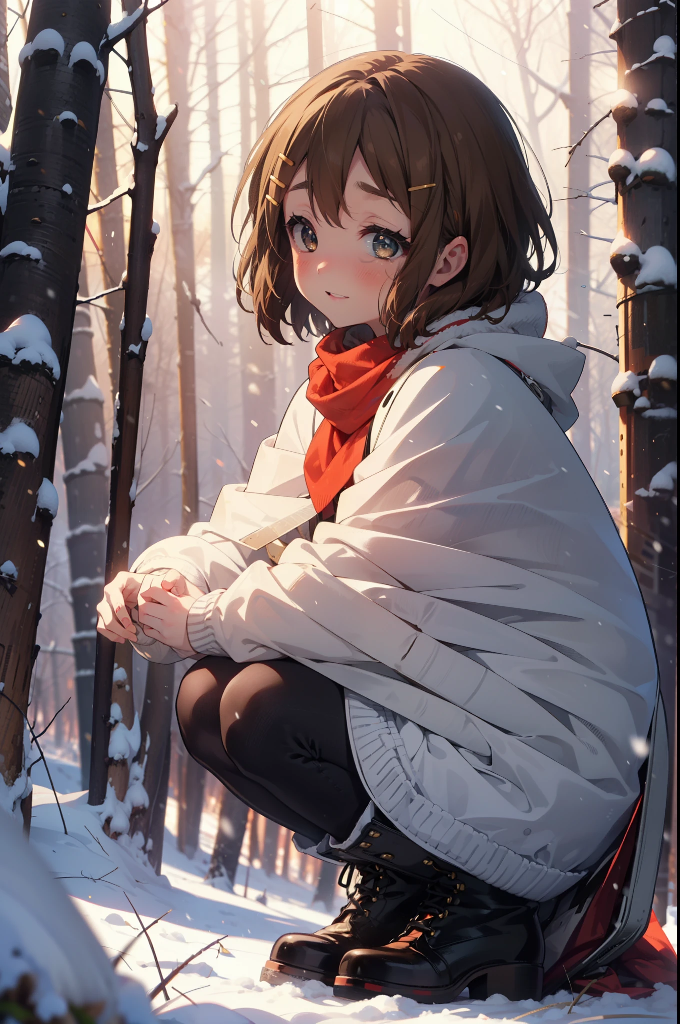 yuihirasawa, Yui Hirasawa, short hair, Brown Hair, hair ornaments, (Brown eyes:1.5), Hair Clip、smile,smile,blush,White Breath,
Open your mouth,snow,Ground bonfire,, Outdoor, boots, snowing, From the side, wood, suitcase, Cape, Blurred, , forest, White handbag, nature,  Squat, Mouth closed, Cape, winter, Written boundary depth, Black shoes, red Cape break looking at viewer, Upper Body, whole body, break Outdoor, forest, nature, break (masterpiece:1.2), Highest quality, High resolution, unity 8k wallpaper, (shape:0.8), (Beautiful and beautiful eyes:1.6), Highly detailed face, Perfect lighting, Highly detailed CG, (Perfect hands, Perfect Anatomy),