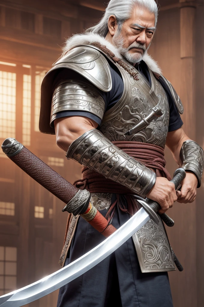 Highest quality，High resolution，((Shinzo Abe)) ，Fist of the North Star，samurai，One person，warrior，armor，（Silver_coat），male，One personで，Middle Age，（face_Wrinkles），Swordsman，strongest，Anime Style，(Limbs)，(Full Finger)，(Accurate fingertips), (The finer details), (Super detailed)，(Japanese sword:)，4K，(high resolution)，whole body, (Front angle), Looking at the camera,masterpiece，(Subtle details)，(Intricate details)，Octane Rendering，(Hyper Detail)，