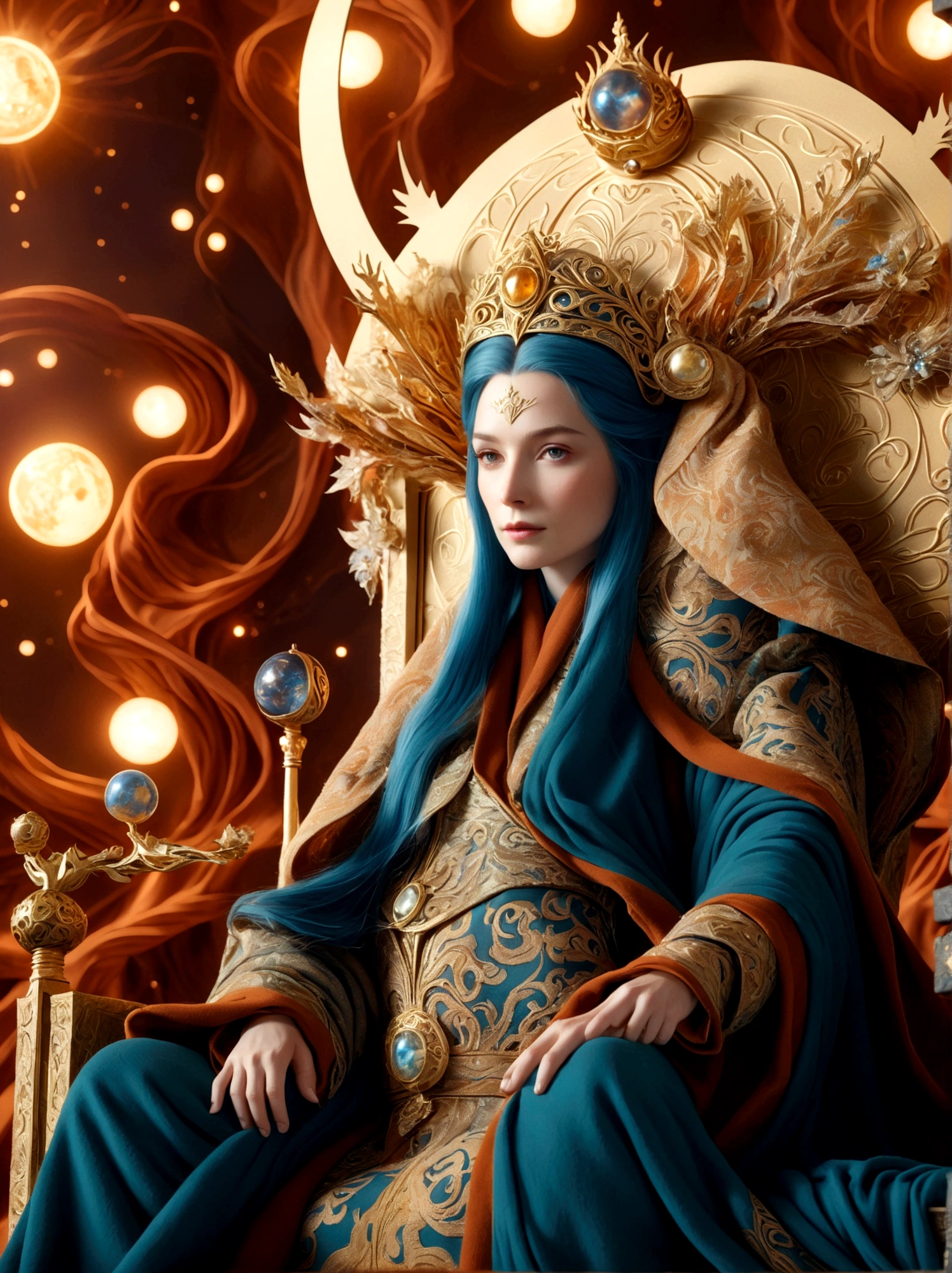 (The Queen of Middle-earth:1.3)，A royal figure in a lavish robe, adorned with a large crown, is seated on a throne, The setting is otherworldly and surreal, located in the vast expanse of space, The figure is perched on a miniature planet that's enveloped entirely by the rich fabric of the robe, reflecting an element of royal extravagance