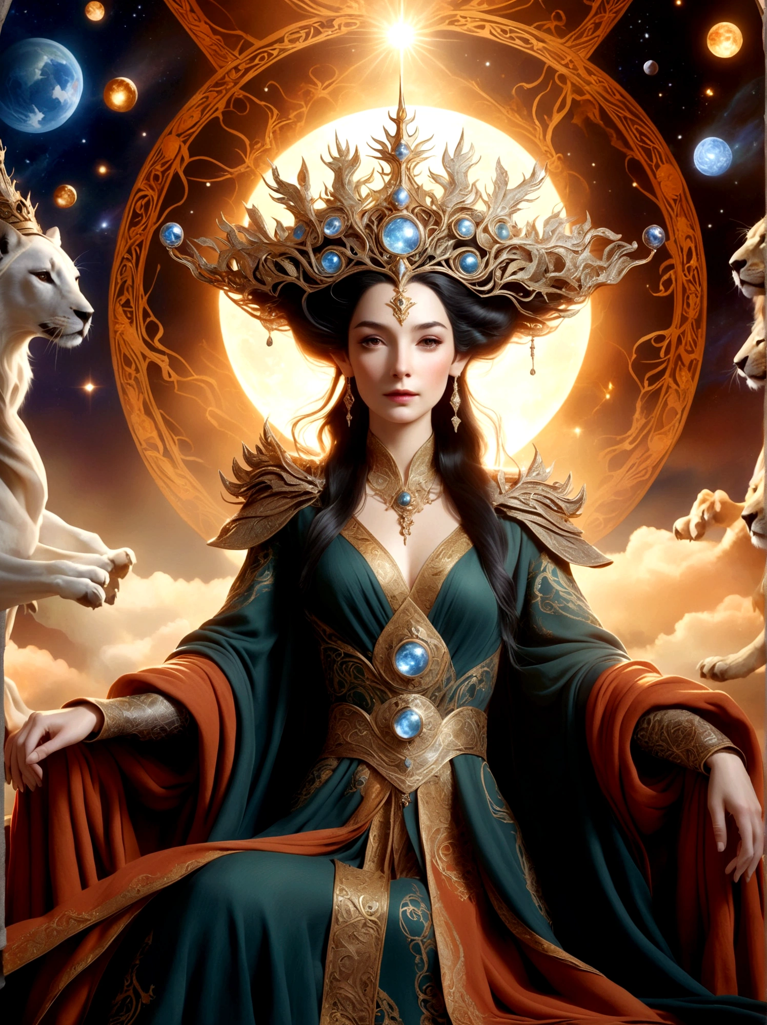 (The Queen of Middle-earth:1.3)，A royal figure in a lavish robe, adorned with a large crown, is seated on a throne, The setting is otherworldly and surreal, located in the vast expanse of space, The figure is perched on a miniature planet that's enveloped entirely by the rich fabric of the robe, reflecting an element of royal extravagance