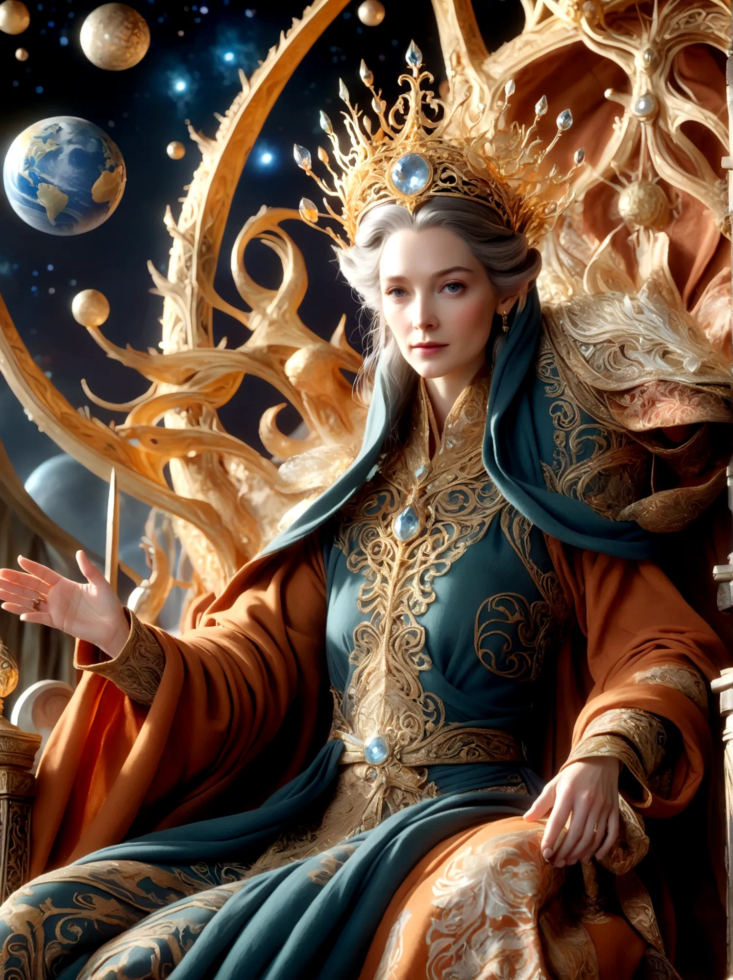 (The Queen of Middle-earth:1.3)，A royal figure in a lavish robe, adorned with a large crown, is seated on a throne, The setting ...