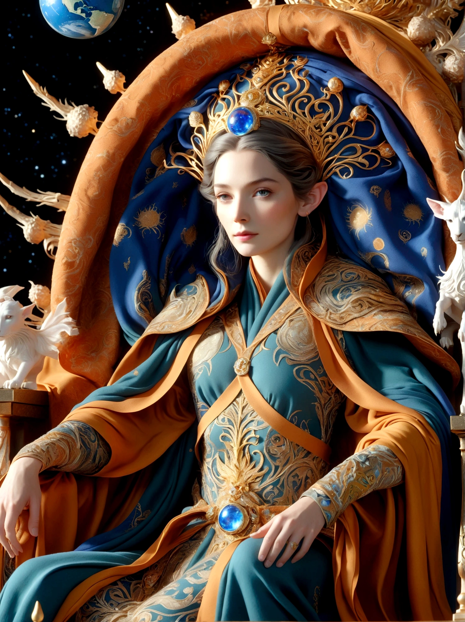 (The Queen of Middle-earth:1.3)，A royal figure in a lavish robe, adorned with a large crown, is seated on a throne, The setting is otherworldly and surreal, located in the vast expanse of space, The figure is perched on a miniature planet that's enveloped entirely by the rich fabric of the robe, reflecting an element of royal extravagance