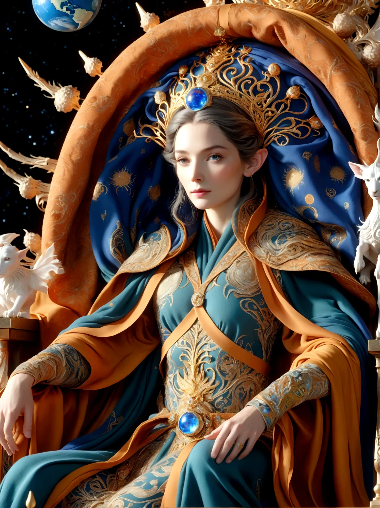 (The Queen of Middle-earth:1.3)，A royal figure in a lavish robe, adorned with a large crown, is seated on a throne, The setting ...