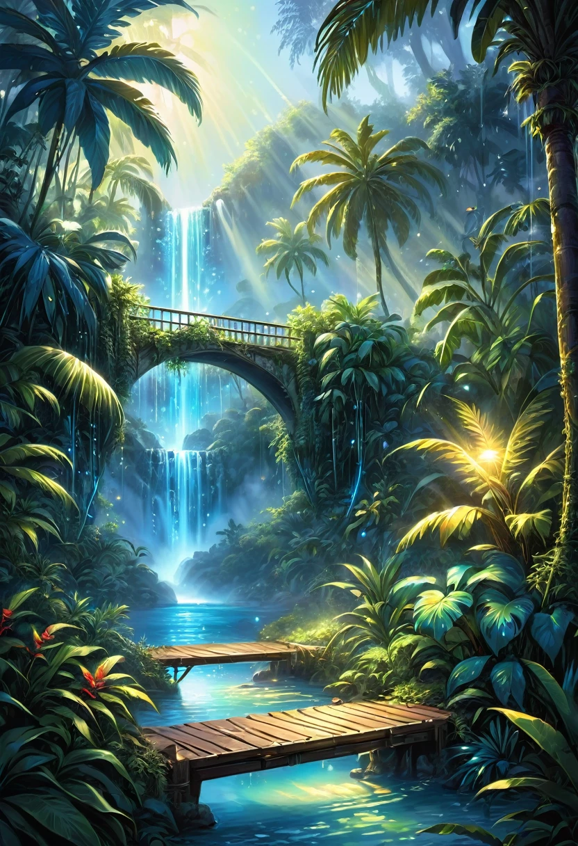 Fantasy style, illustration, An amazing oasis spreads over tropical expanses, blue Laguna, sparks, luminescent water, waterfalls, bridges, slopes and mountains, I make my way through the high jungle but inside the wild thickets, vines and palm trees there is warm light from illuminated fog and streams of light breaking through the crowns of trees, sparks like fireflies are visible and everywhere light resembling luminescent haze, in some places you can see electrically blue light, you can see the race and humidity of the leaves, looks like a good drawing