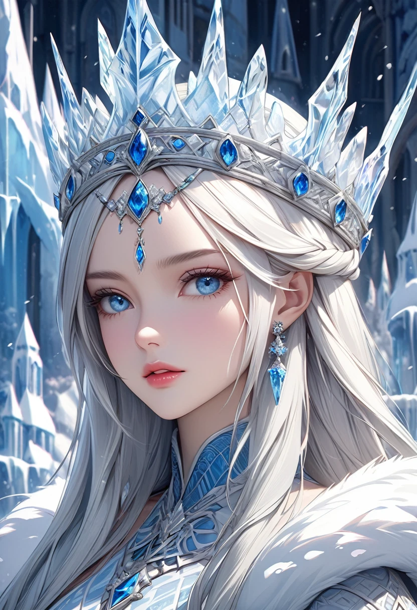 
               氷と雪の世界を統治する美しく優雅な女王が王冠をかぶった姿を非常に詳細にクローズアップした作品。. 背景は壮大な氷と雪の西洋風宮殿です. ファンタジーアートスタイルの傑作. 素晴らしいファンタジーの世界. 光学的にリアルなスタイル. 超精細デジタルアート. リアルな傑作. (最高品質)