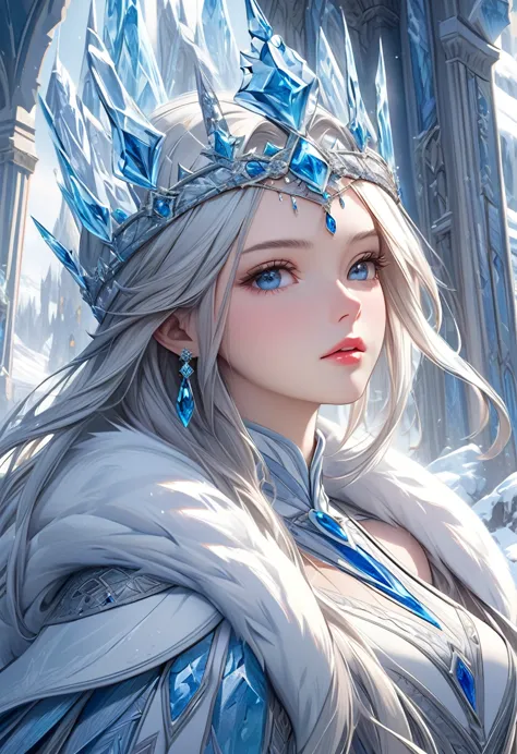 
               An extremely detailed close-up of a beautiful and elegant queen ruler of a world of ice and snow wearing a crown...