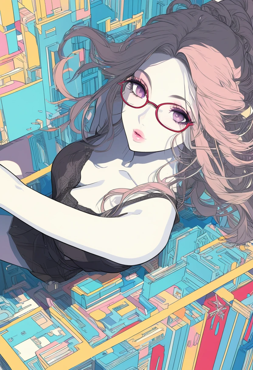 ultra-detailed:1.3, ultra delicate and detailed face:1.3, (absurdres, texture, masterpiece), isometric, pop art, no outline, minimalism, pixiv contest winner, dynamic manga-style illustration by Posuka Demizu, by Wu Guan Zhong, flashy slender gyaru wearing  loosely with glasses, Her porcelain skin glows softly against the artful scenery behind her., moist lips, 