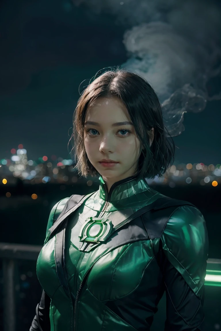 Scene from the movie, Woman dressed as Green Lantern from DC, extremely detailed, futuristic cityscape, nighttime, glowing neon lights, smoke, sparks, metal shavings, flying debris, blue energy effects, volumetric light