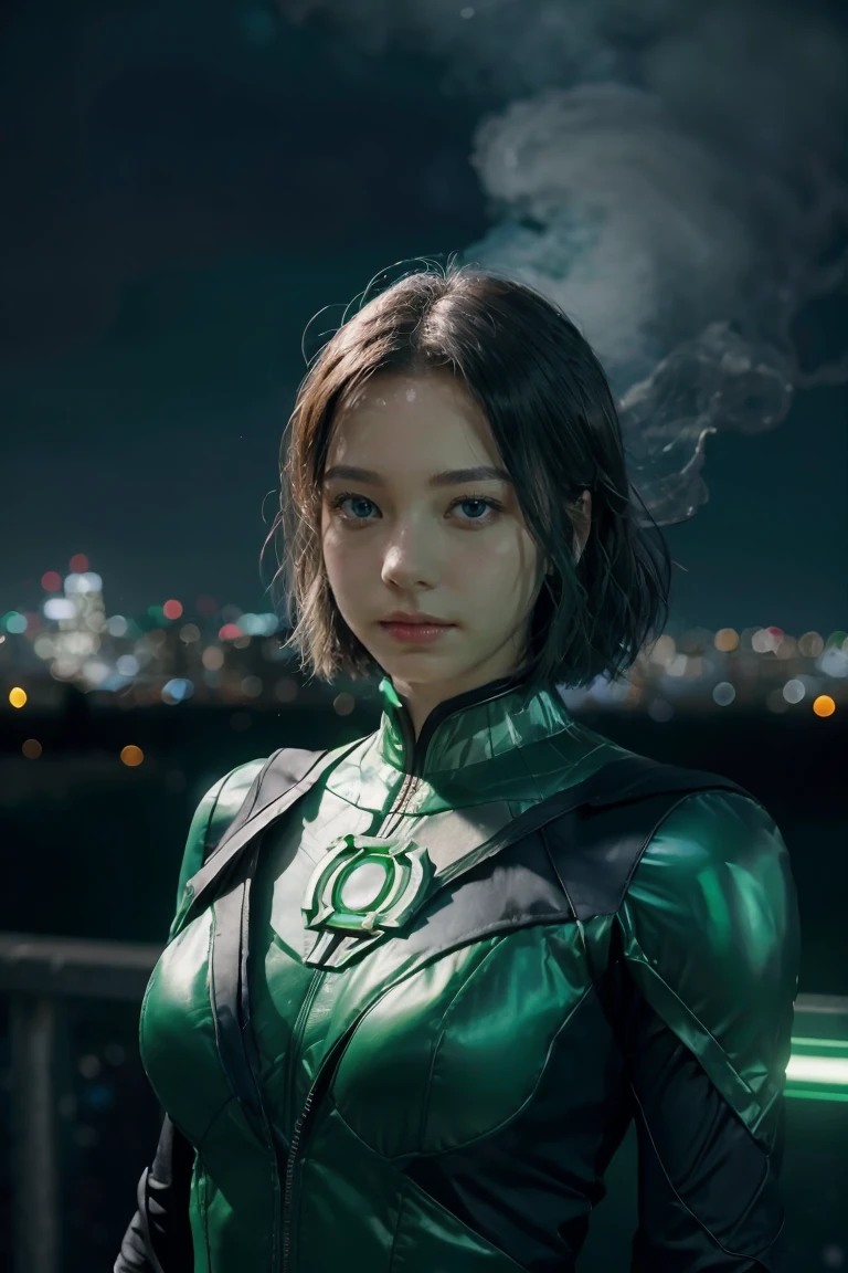 Escena de la película, Mujer vestida como Linterna Verde de DC, extremadamente detallado, paisaje urbano futurista, Noche, luces de neón brillantes, fumar, chispas, virutas de metal, escombros voladores, efectos de energía azul, Luz volumétrica