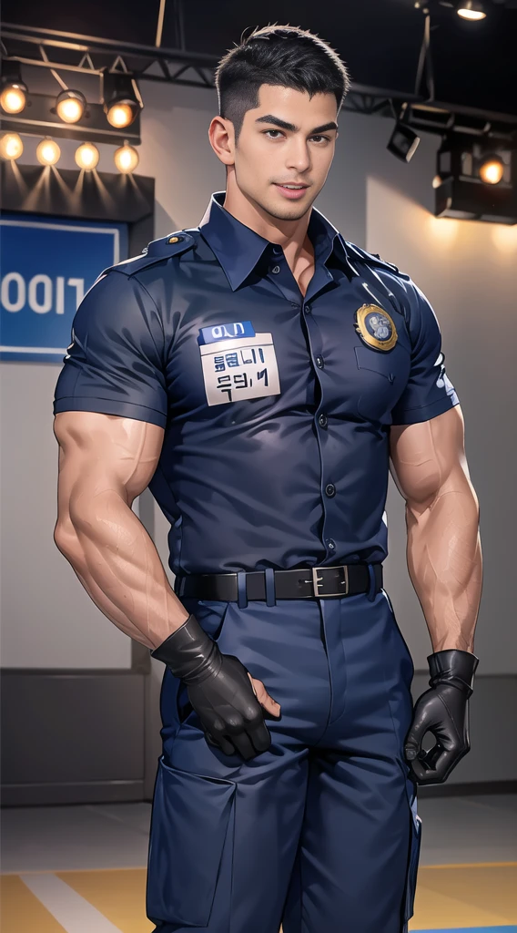 handsome man,(crew cut short hair:1.2),black eye,smile,open mouth (navy police uniform:1.2),(shirt short sleeves:1.2),collar,(shirt covered over:1.2),(name tag and Police badge:1.3),(shirt no buttons:1.1),(black_gloves:1.3), (Navy blue cargo:1.2),Korean guy,korean men,(High gloss details),(chest muscles:1.2),(large arm muscles:1.2),blood vessel,Big muscles,Broad shoulders,looking at the audience,Balancing the eyes,middle of the road,(stage:1.2),