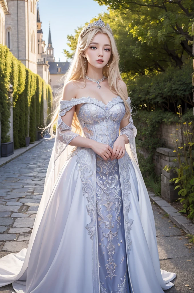 masterpiece, highres, high detailed,  intricate details, depth of field, 1 girl, queen, royal crown, Coronation Gown, queen dress, Evening Gown, outdoor background. The background is a luxurious castle, mildly clouds, best sunlight. There are 2 long flower beds besides the path, queen is standing on the path. Her face is gorgeous, beautiful, confident. She wears a lot of luxury jelweries. She has blue eyes, platinum blonde long shining hair. Behind her is the castle.