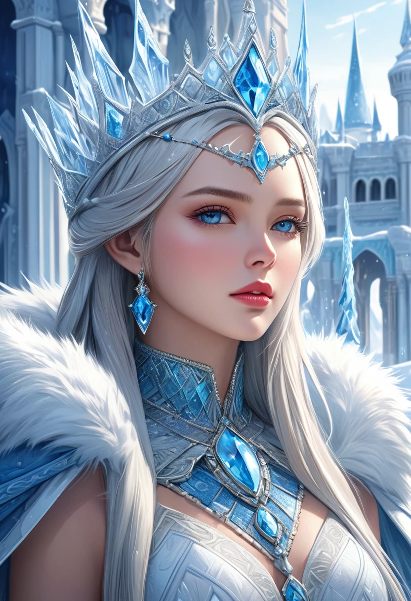 
               An extremely detailed close-up of a beautiful and elegant queen ruler of a world of ice and snow wearing a crown. The background is a magnificent ice and snow western style palace. Fantasy art style masterpiece. Fantastic fantasy world. Optical realistic style. Ultra detailed digital art. Realistic masterpiece. (best quality)
