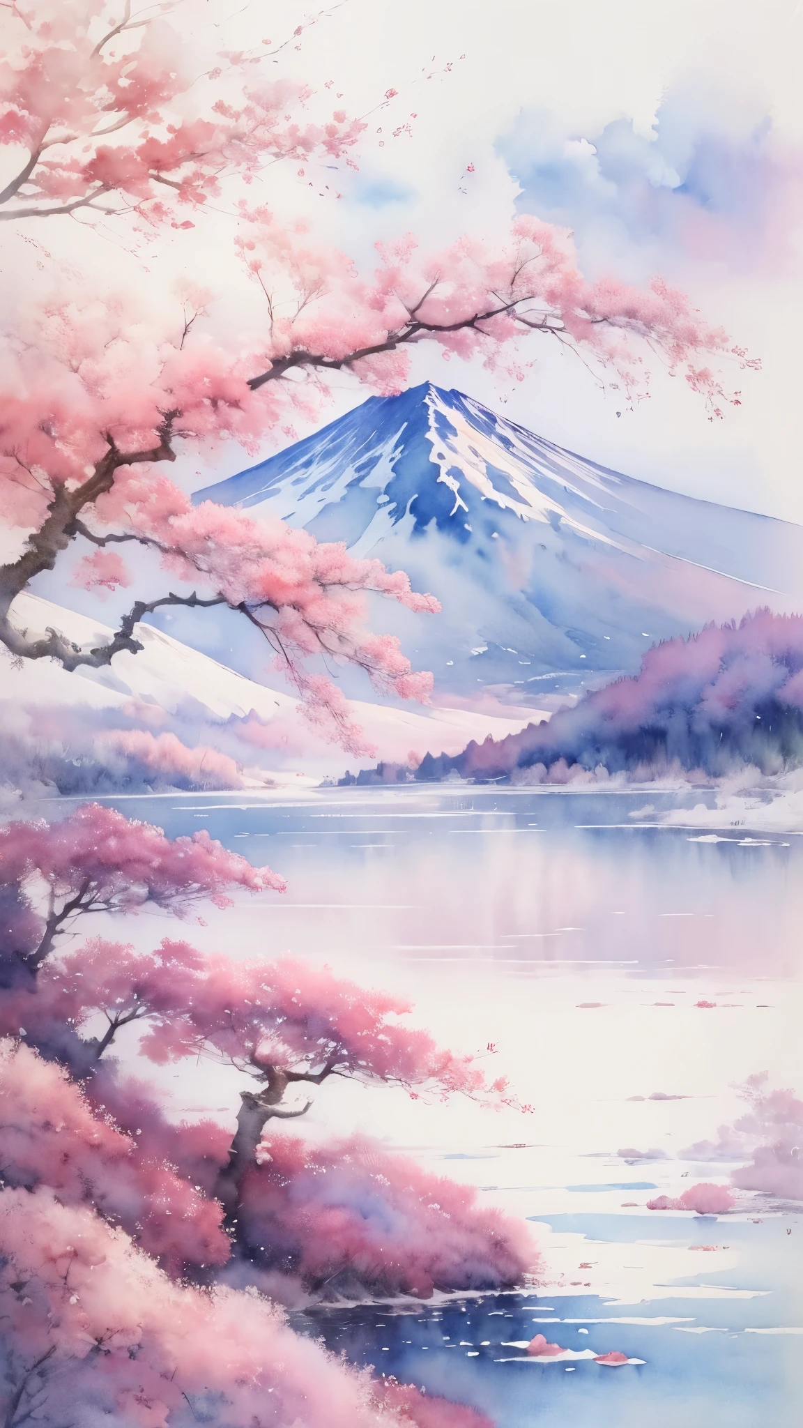 (masterpiece:1.2, Highest quality),(Very detailed),(((watercolor))),8K,wallpaper,Japanese Landscape,Fuji Mountain,Lake Yamanaka,spring