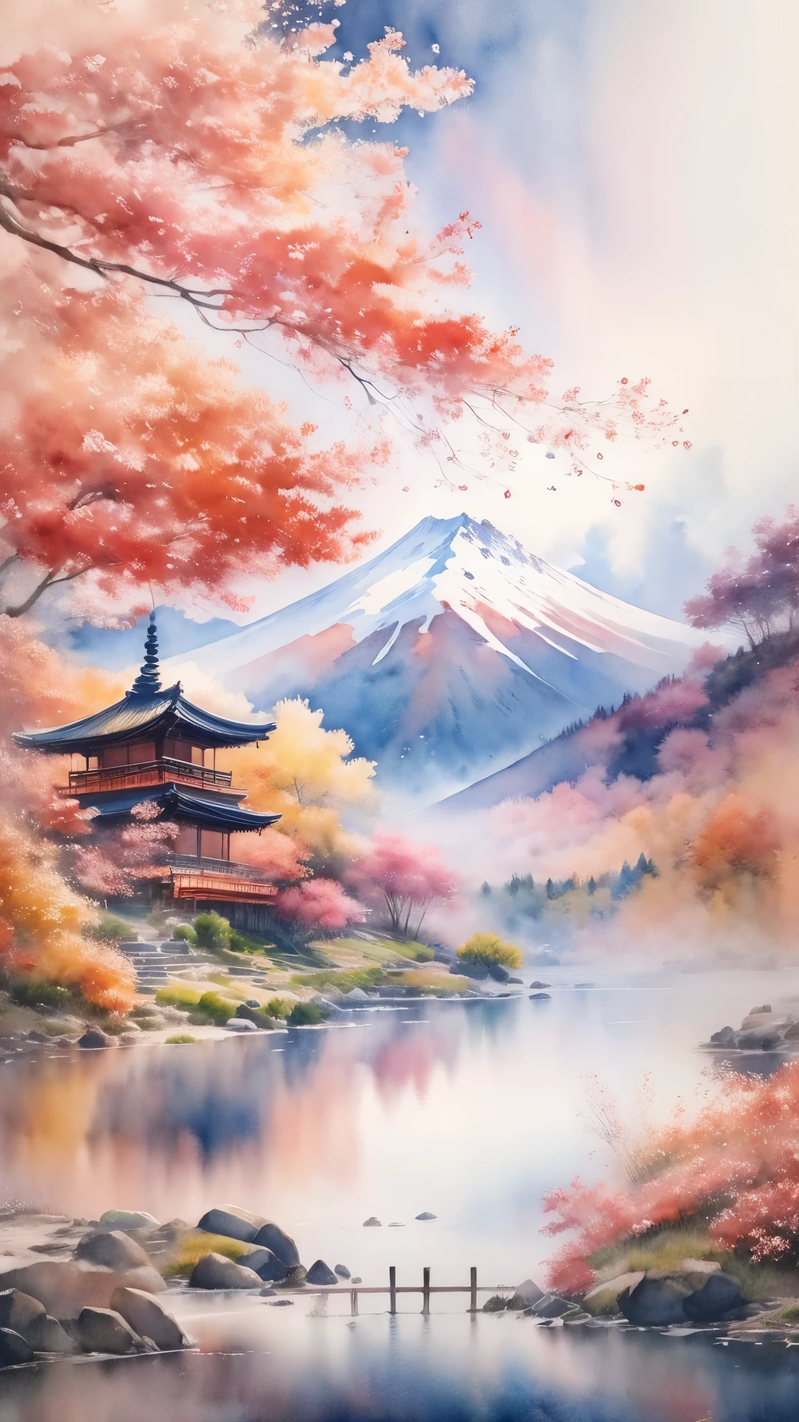 (Obra maestra:1.2, de la máxima calidad),(Muy detallado),(((acuarela))),8k,fondo de pantalla,paisaje japonés,Montaña Fuji,Lago Yamanaka,otoño