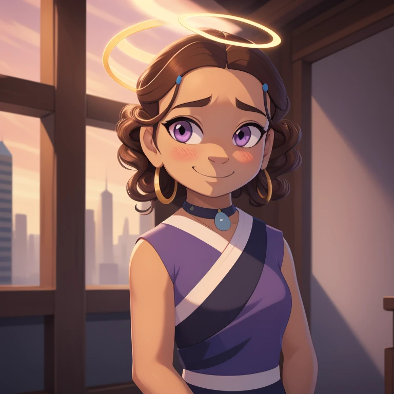 Katara, fit and flare dress, two-tone hair (brown hair, black tip)), curly hair, halo, sunglasses, jewelry, purple eyes, longeyelashes, purple eyes, smile, shy, blush, high detail, masterpiece, UHD, anatomically correct, super detail, highres, 4K