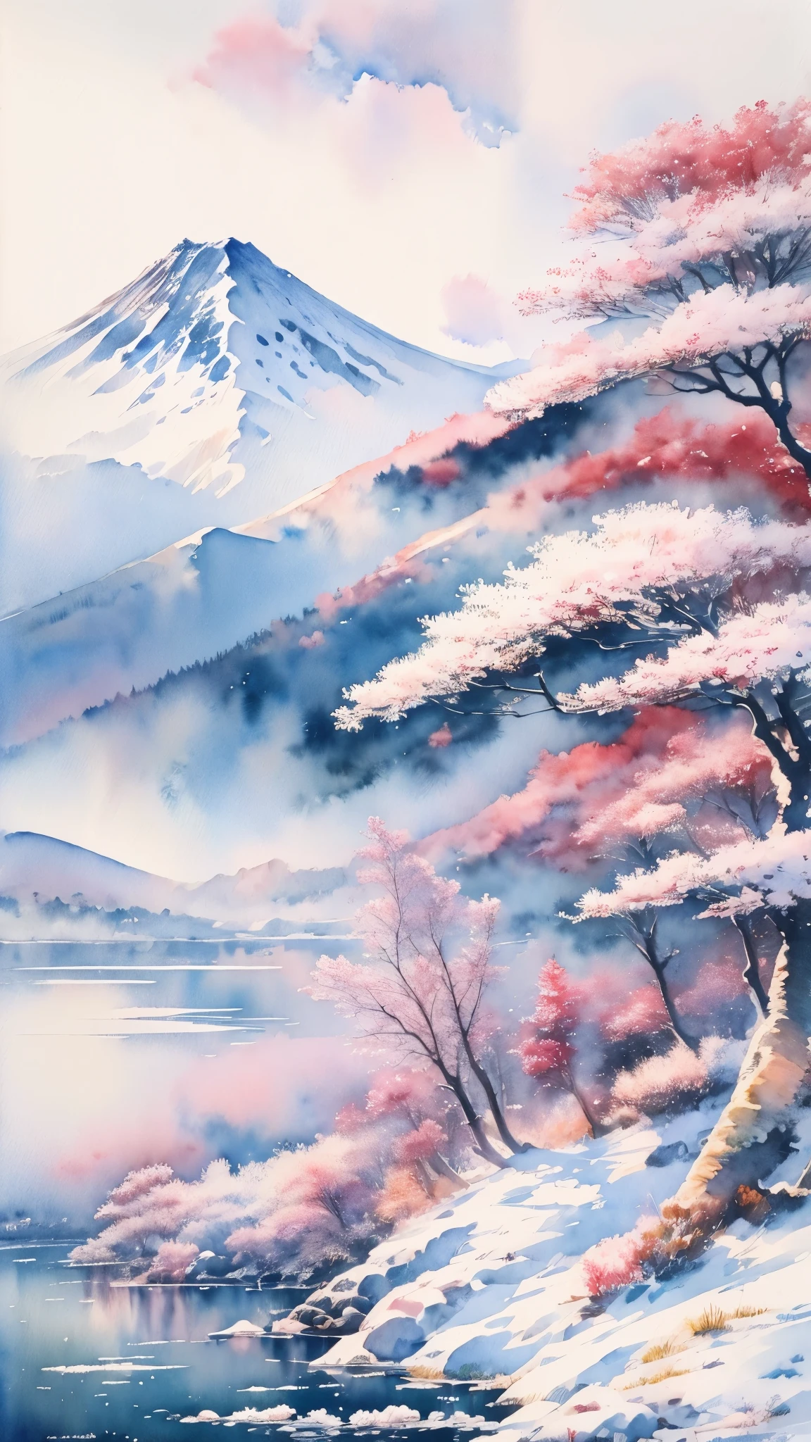 (masterpiece:1.2, Highest quality),(Very detailed),(((watercolor))),8K,wallpaper,Japanese Landscape,Fuji Mountain,Lake Yamanaka,winter