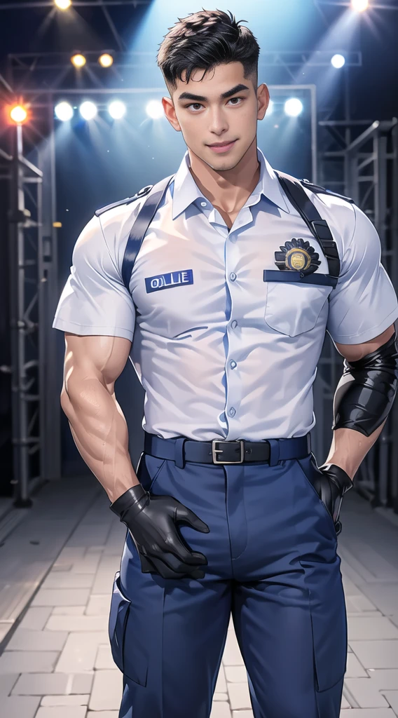 handsome man,(crew cut short hair:1.2),black eye,smile,open mouth (navy police uniform:1.2),(shirt short sleeves:1.2),collar,(shirt covered over:1.2),(name tag and Police badge:1.3),(shirt no buttons:1.1),(black_gloves:1.3), (Navy blue cargo:1.2),Korean guy,korean men,(High gloss details),(chest muscles:1.2),(large arm muscles:1.2),blood vessel,Big muscles,Broad shoulders,looking at the audience,Balancing the eyes,middle of the road,(stage:1.2),