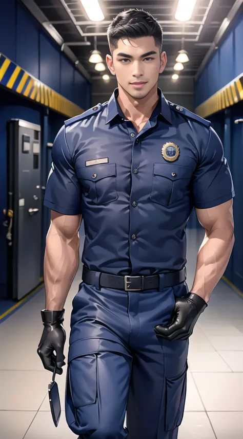 handsome man,(crew cut short hair:1.2),black eye,smile,open mouth (navy police uniform:1.2),(shirt short sleeves:1.2),collar,(sh...