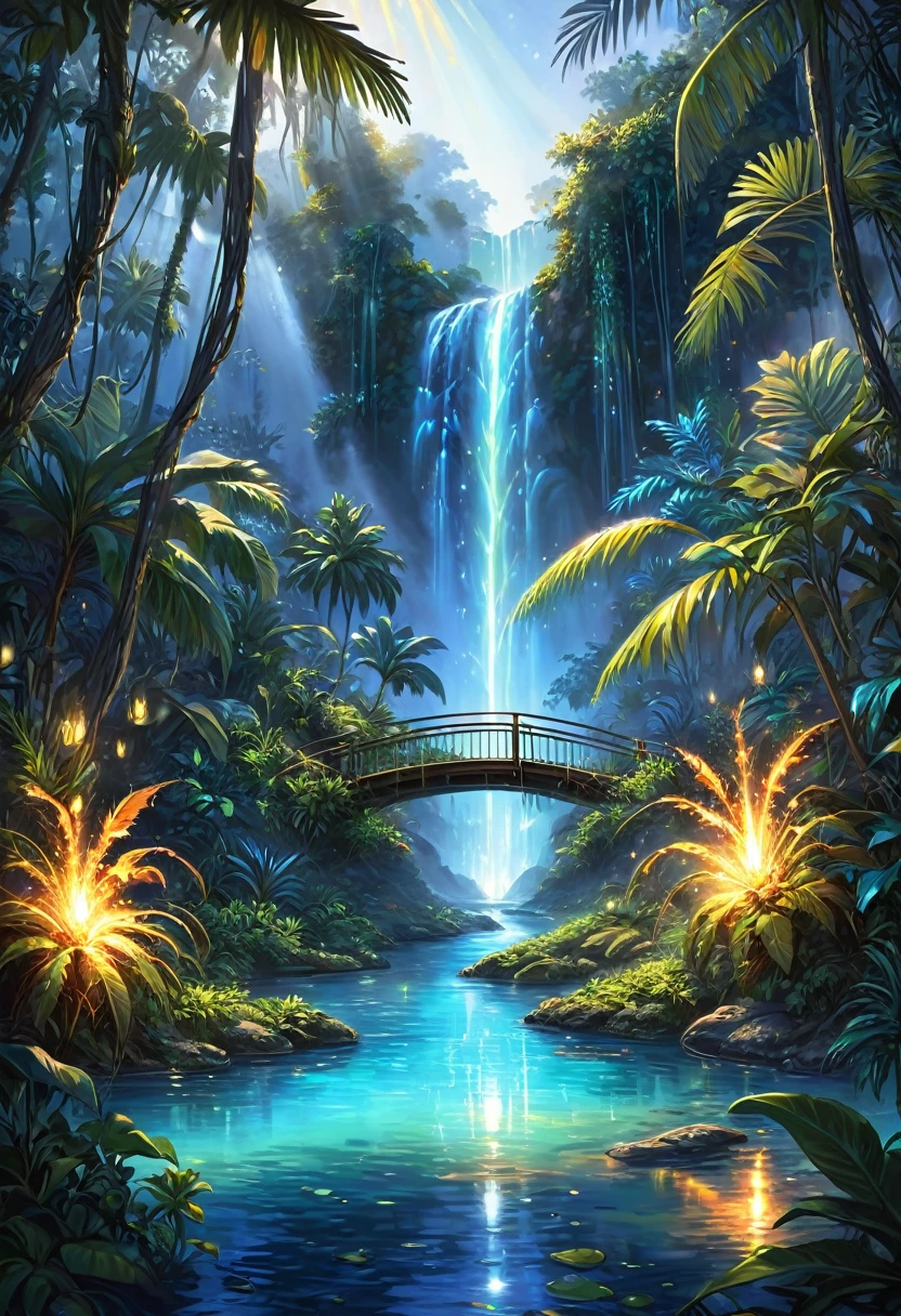 estilo de fantasía, ilustración, increíblemente detallado, llamas, fuego, polvo de hadas, Un oasis asombroso se extiende sobre extensiones tropicales., blue Laguna, chispas, agua luminiscente, cascadas, puentes, pendientes y montañas, Me abro paso a través de la alta jungla pero dentro de los matorrales salvajes, Vides y palmeras, hay una luz cálida proveniente de la niebla iluminada y rayos de luz que se abren paso a través de las copas de los árboles., chispas like fuegoflies are visible and everywhere light resembling luminescent haze, En algunos lugares se puede ver luz azul eléctrica., Puedes ver la raza y la humedad de las hojas., Parece un buen dibujo