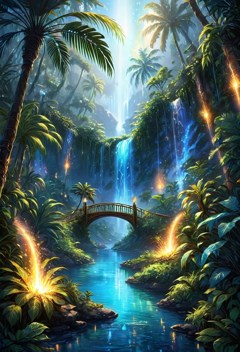 style fantastique, illustration, Incroyablement détaillé, flammes, feu, poussière de fée, Une oasis étonnante s&#39;étend sur les étendues tropicales, Lagon bleu, Des étincelles, eau luminescente, cascades, des ponts, pentes et montagnes, Je me fraye un chemin à travers la haute jungle mais à l&#39;intérieur des fourrés sauvages, vignes et palmiers, il y a une lumière chaude provenant du brouillard illuminé et des flux de lumière traversant les cimes des arbres, Des étincelles like feuflies are visible and everywhere light resembling luminescent haze, à certains endroits, vous pouvez voir une lumière bleue électrique, on voit la course et l&#39;humidité des feuilles, ça a l&#39;air d&#39;être un bon dessin