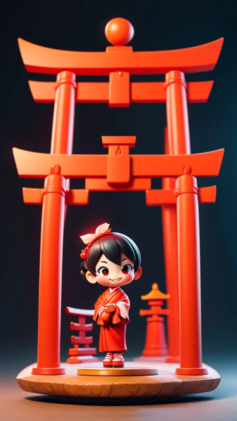 Place one small doll on a circular stand, By Cartoon picture book of background is a Fushimi Inari-taisha Shrine in Japan, with ...