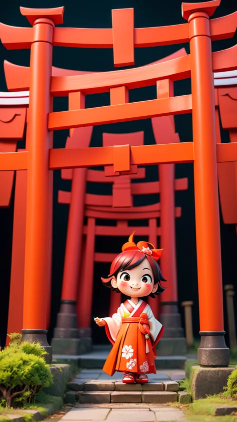 Place one small doll on a circular stand, By Cartoon picture book of background is a Fushimi Inari-taisha Shrine in Japan, with ...
