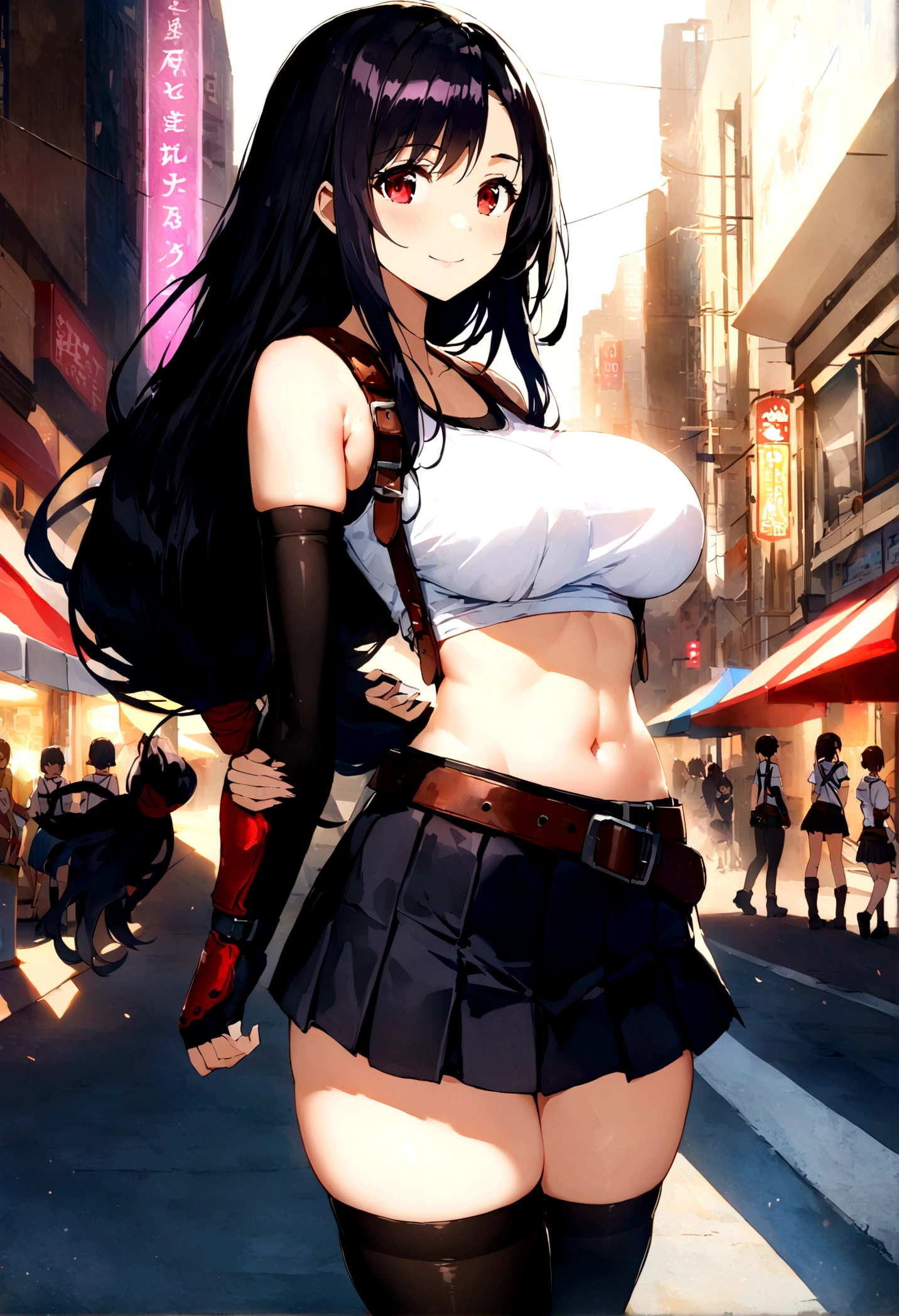 score_9, score_8_up, score_7_up,score_6, score_5,4k,BREAK , from side,from side,side view,Dutchangle,breast focus,standing,straight-on,walking,(arms behind back),(mediumshot),looking_at_viewer ,1girl, tifa lockhart, final fantasy, tareme,black hair, low-tied long hair, red eyes, bangs, (white tank top, belt, pleated skirt, thighhighs, elbow fingerless gloves, elbow pads, midriff, navel,suspender skirt) ,(large_breast),(light smile),Curvy waist,,Solo,,(daytime and beachside and city),detailed skin,(best quality),(aesthetic,very aesthetic),UHD,HDR,intricate detailed,anime,highly detailed,sharp focus,depth of field,,professional lighting,cinematic lighting, , 　　