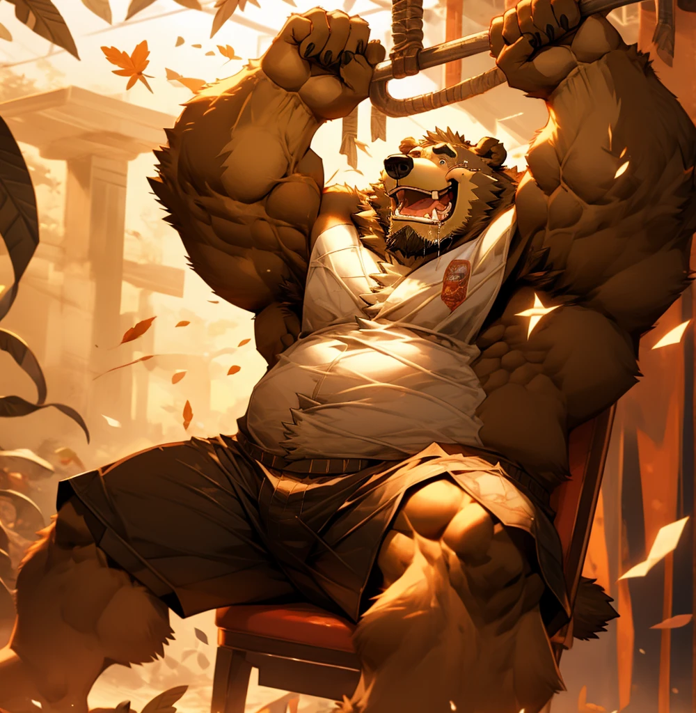 Bear Orc，male，Being tickled，feather，Tentacles，Sitting on the torture chair，Show your armpits，Paws being tickled，Brown Bear，Have strong muscles，laughing out loud，Wear only shorts，Itchy whole body，腋下被feather挠，Laughing with tears and saliva，