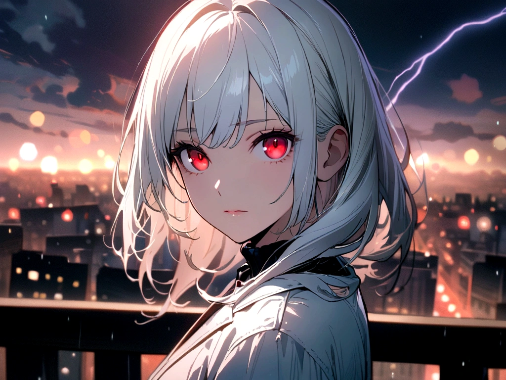 masterpiece, best quality, extremely detailed, cinematic lightning, intricate detail, highres, official art, finely detailed beautiful face and eyes, high resolution illustration, 8k, depth of field, bokeh, solo, 1girl, a girl with white hair and red eyes, long white hair, beautiful red eyes, beautiful landscape, rainy city, upper body, looking at viewer, close up