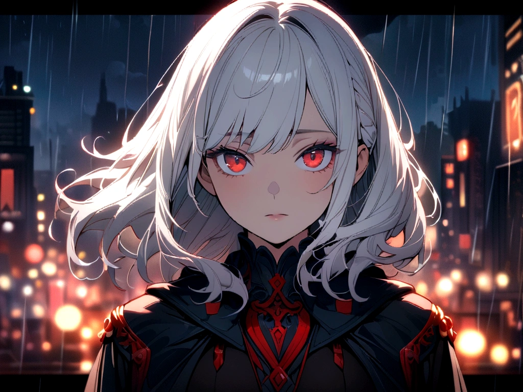 masterpiece, best quality, extremely detailed, cinematic lightning, intricate detail, highres, official art, finely detailed beautiful face and eyes, high resolution illustration, 8k, depth of field, bokeh, solo, 1girl, a girl with white hair and red eyes, long white hair, beautiful red eyes, beautiful landscape, rainy city, upper body, looking at viewer, close up