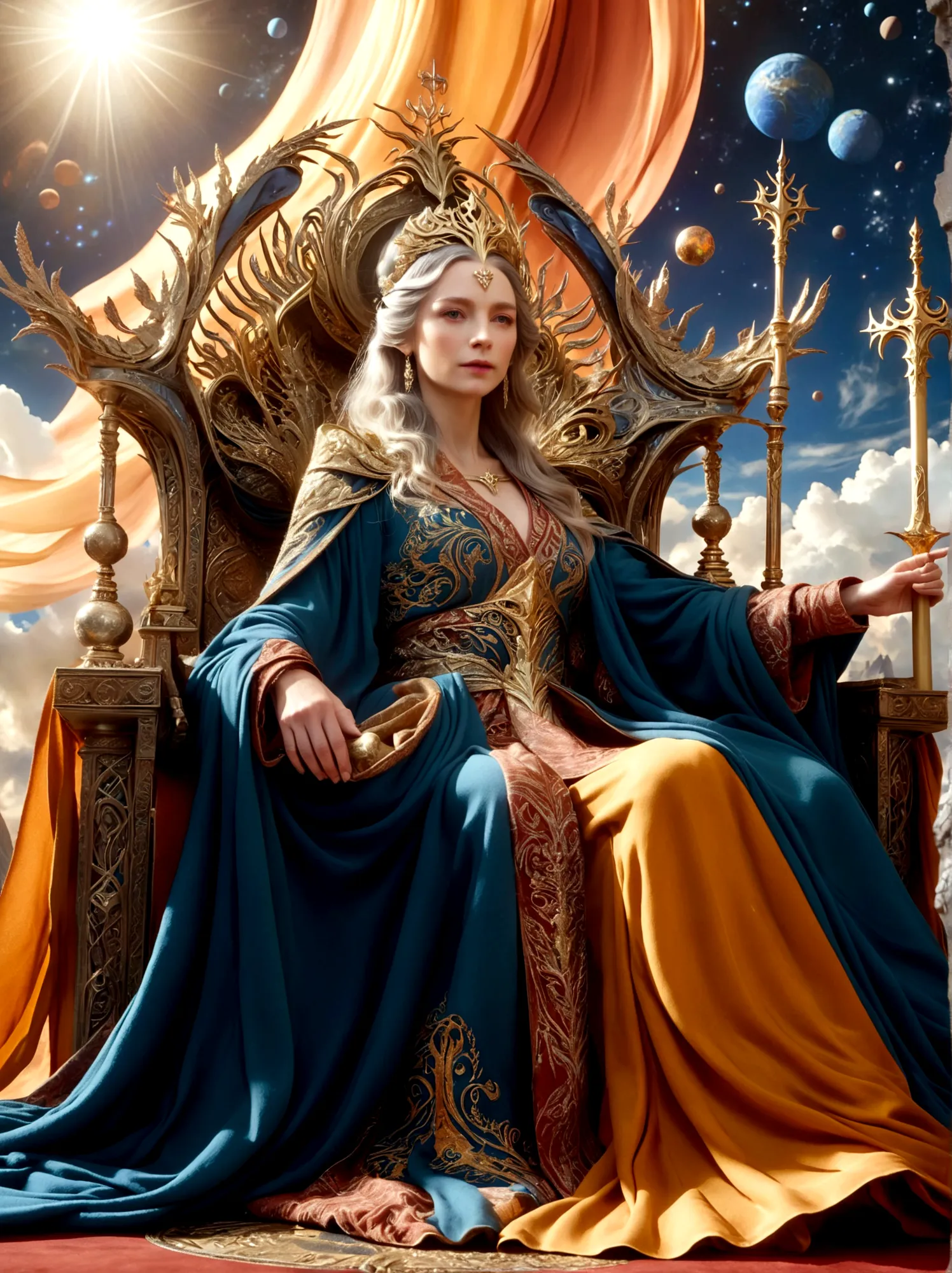 (the queen of middle-earth:1.3)，a royal figure in a lavish robe, adorned with a large crown, is seated on a throne, the setting ...