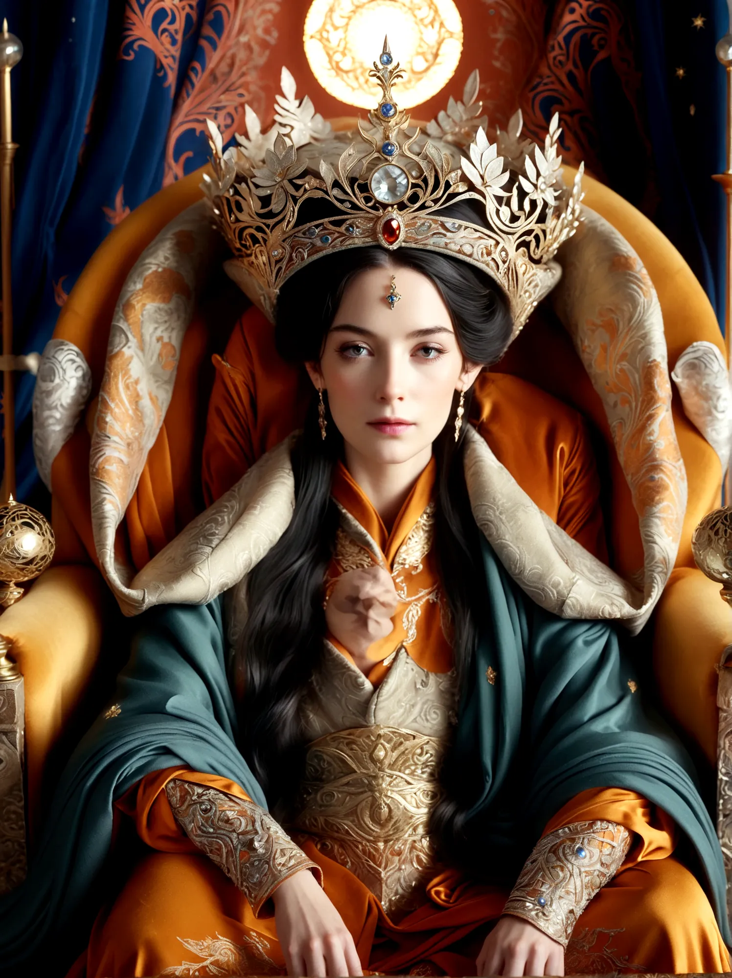 (The Queen of Middle-earth:1.3)，A royal figure in a lavish robe, adorned with a large crown, is seated on a throne, The setting ...