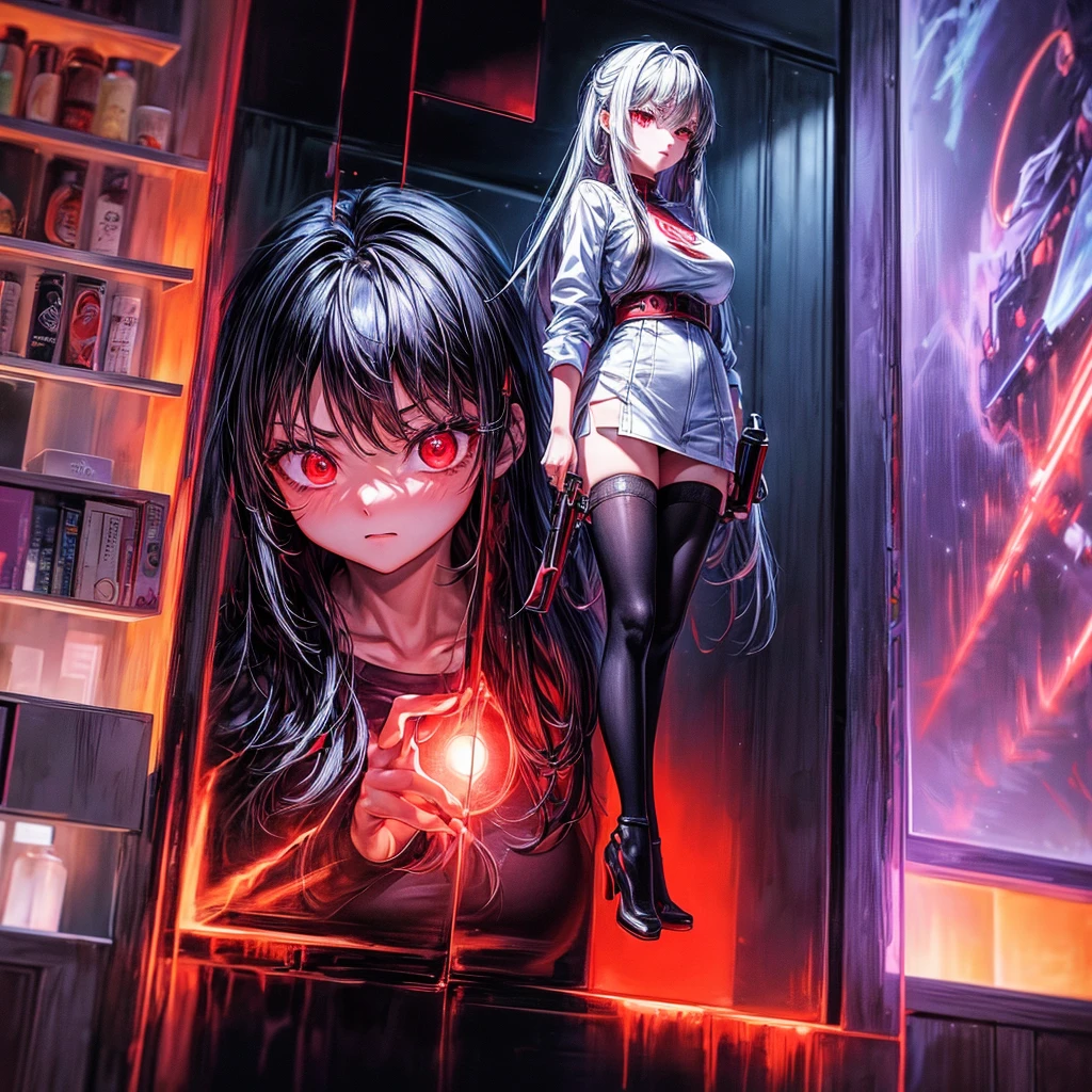 1girl、(((Highest quality、Masterpiece、Official Art、The best dynamic composition、超detailed)))、Powerful facial expressions、anger、Gray Hair、Red-eyed anime girl holding a gun in front of a purple and red background,  Red eyes glow, Red lasers, Red laser, Best anime 4K Kona-chan wallpapers, Laser Wipe, With glowing red eyes, Highest quality、Super huge、detailed、whole body、